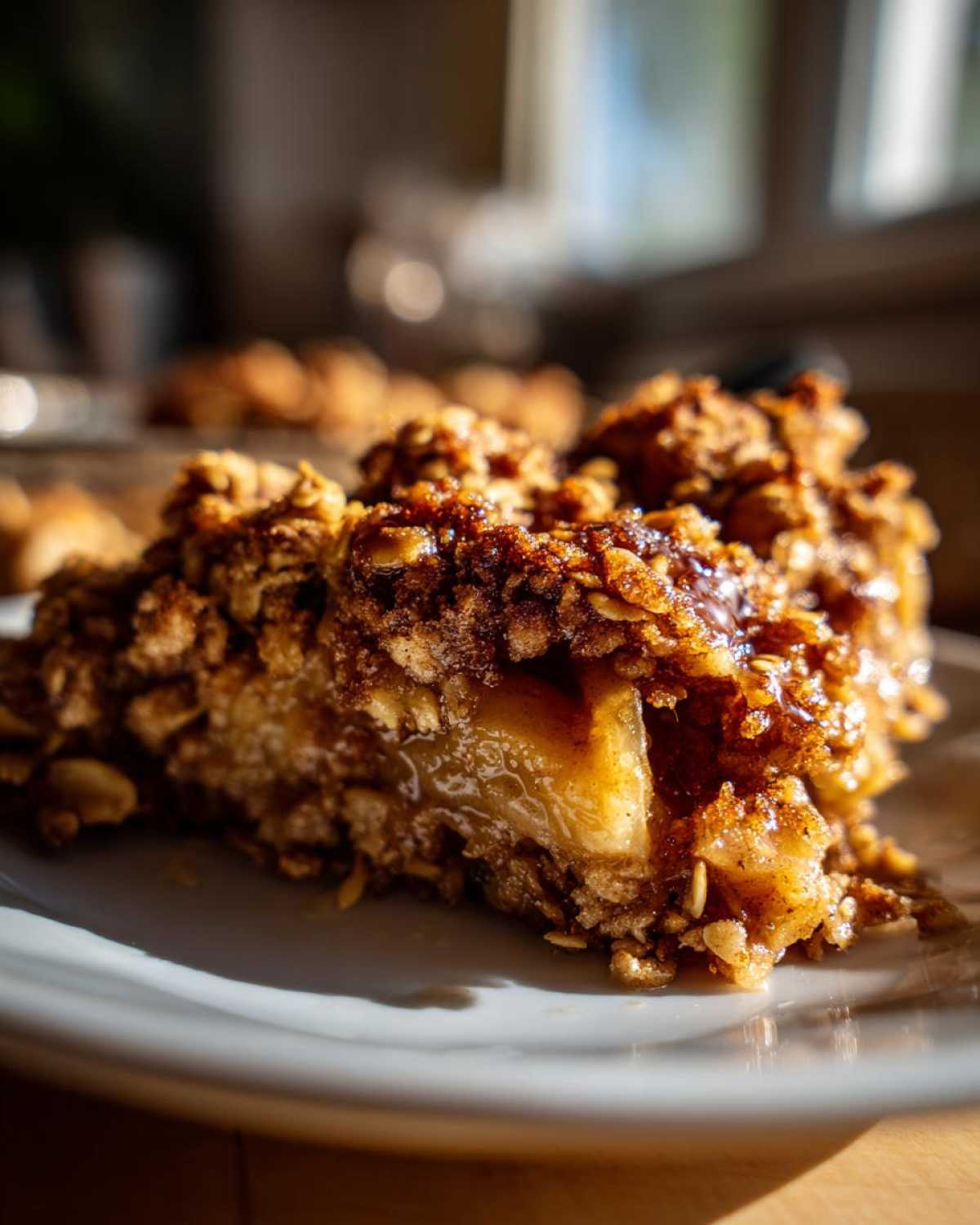 A close-up shot of a serving of warm apple crisp with a thick, caramelized oat topping and soft baked apples.