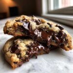 Close-up of a cream cheese chocolate chip cookie broken in half showing gooey, melted chocolate oozing out.