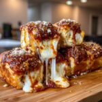 Close-up of gooey pizza sliders stacked, showing extreme cheese pull dripping over sauce and topped with parmesan.