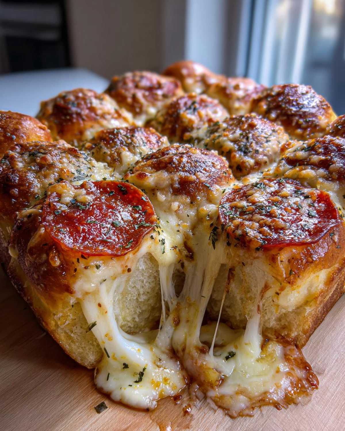 Close-up of gooey pepperoni pizza sliders with extreme cheese pull, baked into pull-apart bread.