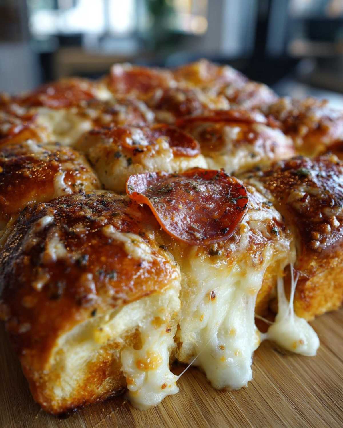 Close-up of gooey pizza sliders showing melted cheese stretching between the rolls topped with pepperoni.