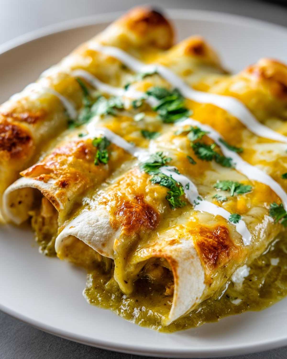 Close-up of three baked green chile chicken enchiladas covered in melted cheese, sour cream, and cilantro.