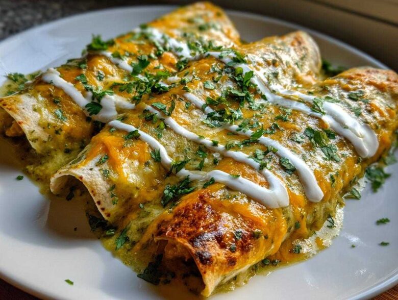 Three baked green chile chicken enchiladas covered in melted cheese, sour cream drizzle, and fresh cilantro.