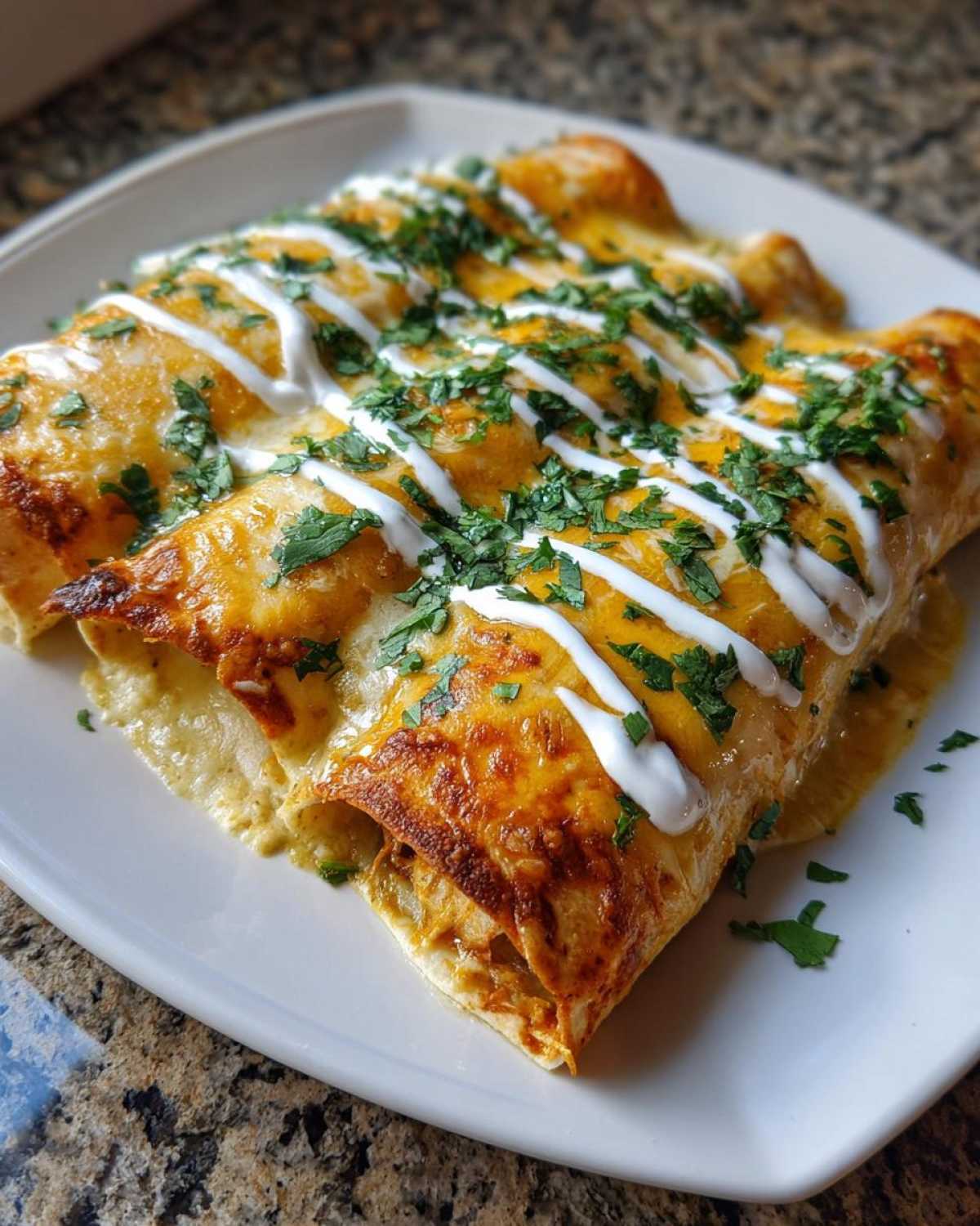 Three baked green chile chicken enchiladas covered in melted cheese, drizzled with sour cream, and topped with fresh cilantro.