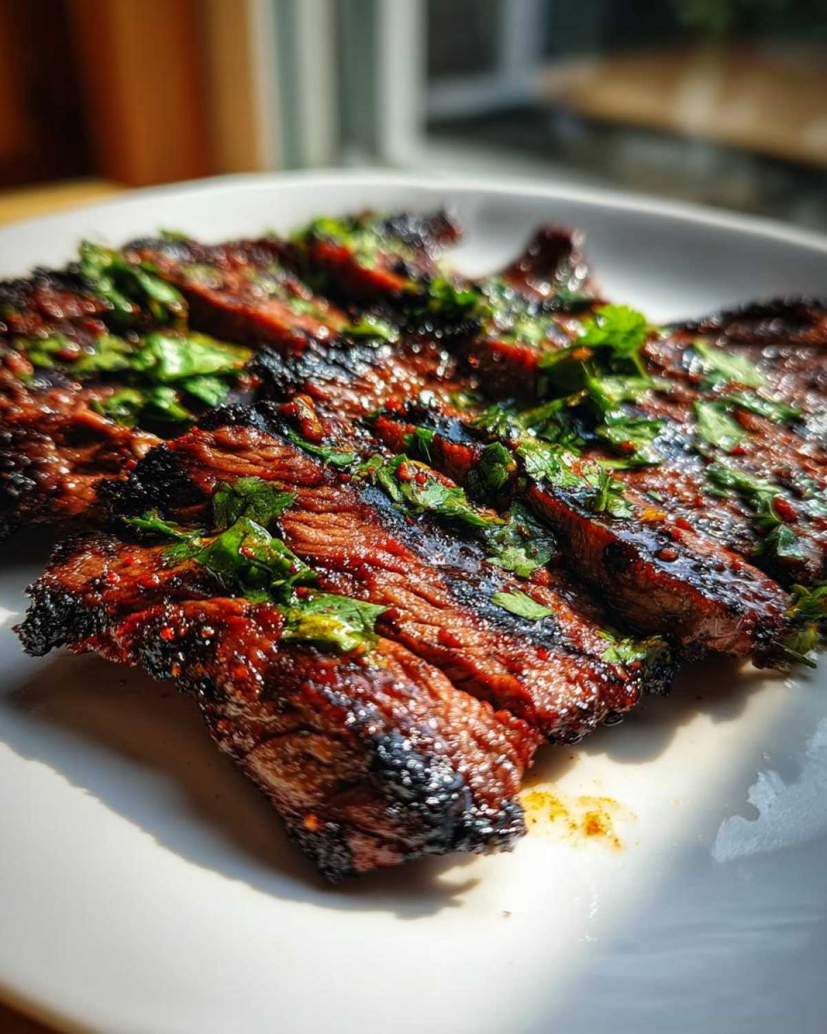 Close-up of perfectly grilled and sliced steak, coated in a rich Carne asada marinade and topped with fresh cilantro.