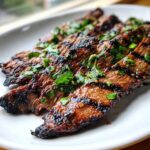 Slices of grilled steak showing clear grill marks, topped with a vibrant cilantro and chili garnish, likely marinated with carne asada marinade.