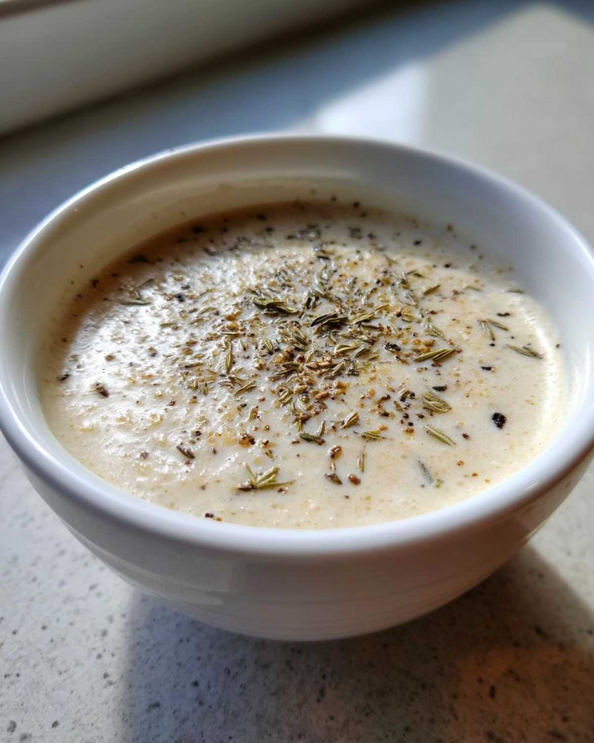 Close-up of a small white bowl filled with thick, creamy cream of chicken soup, garnished generously with dried herbs and pepper.