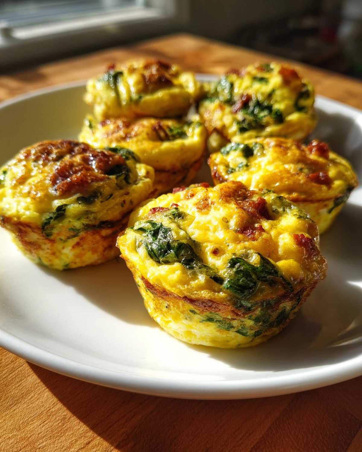 A close-up of several golden baked egg bites filled with spinach and bacon served on a white plate.