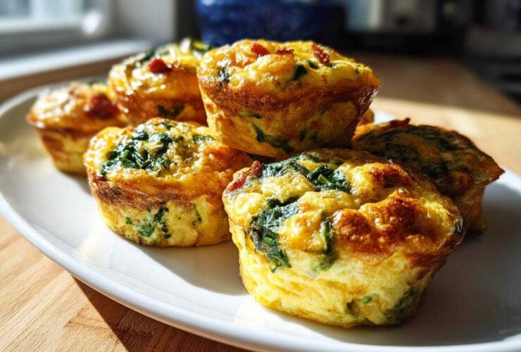 A stack of golden brown, baked egg bites filled with spinach and bacon, served on a white plate.