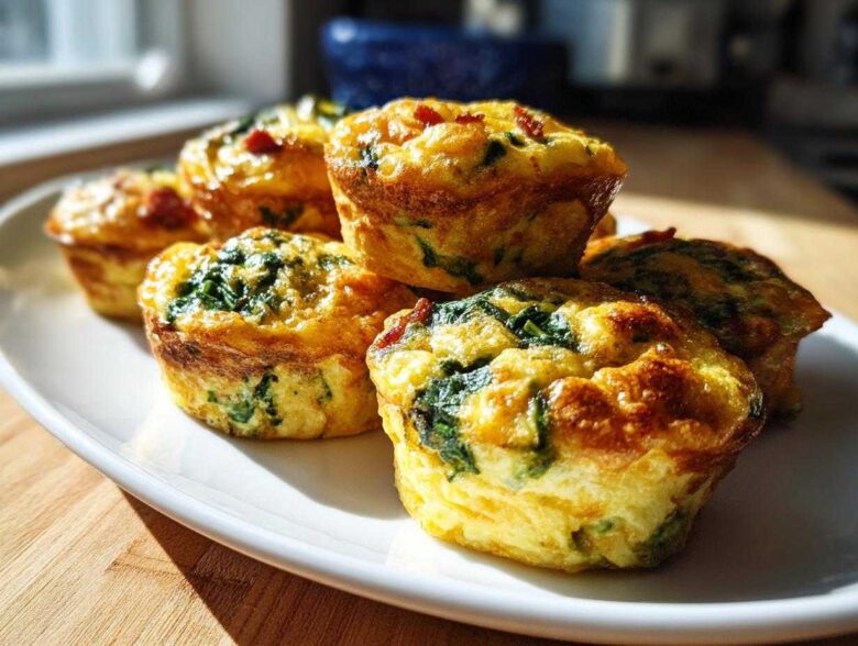 A stack of golden brown, baked egg bites filled with spinach and bacon, served on a white plate.