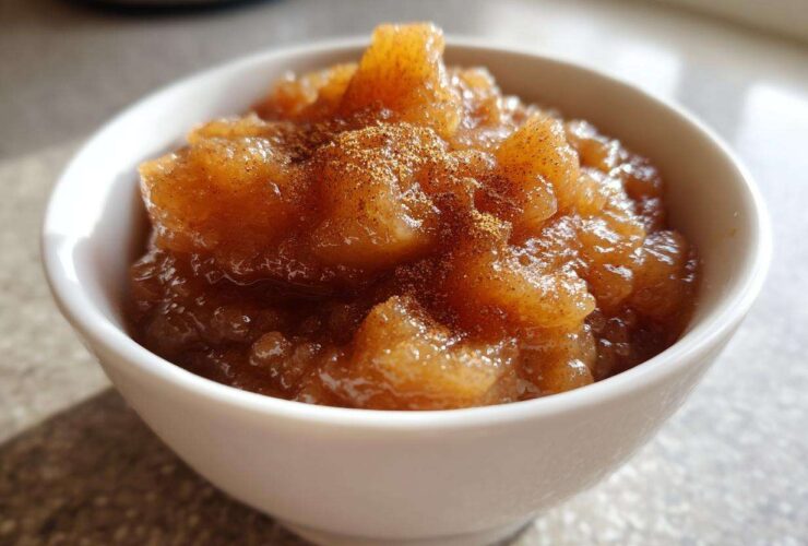 Close-up of chunky, spiced homemade applesauce in a small white bowl, dusted with cinnamon.