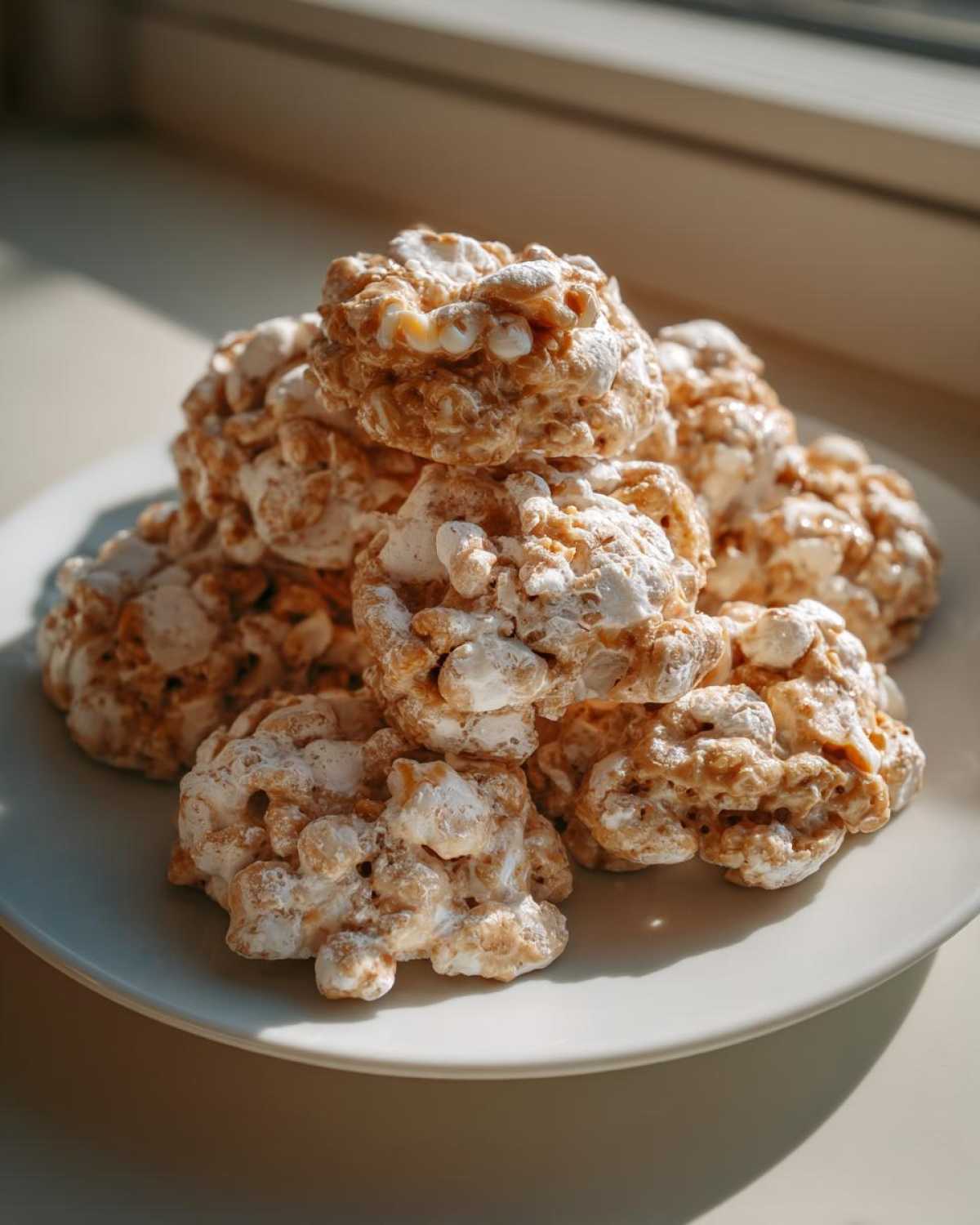 A stack of freshly made avalanche cookies dusted with powdered sugar resting on a white plate.