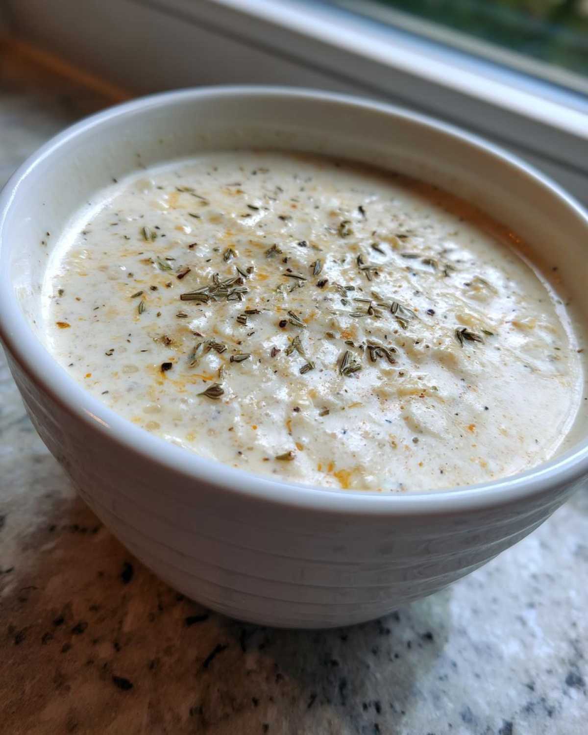 Close-up of a white bowl filled with homemade cream of chicken soup, topped with dried herbs.