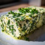 A freshly made log of homemade garlic butter mixed heavily with chopped green herbs, sitting on a white plate.