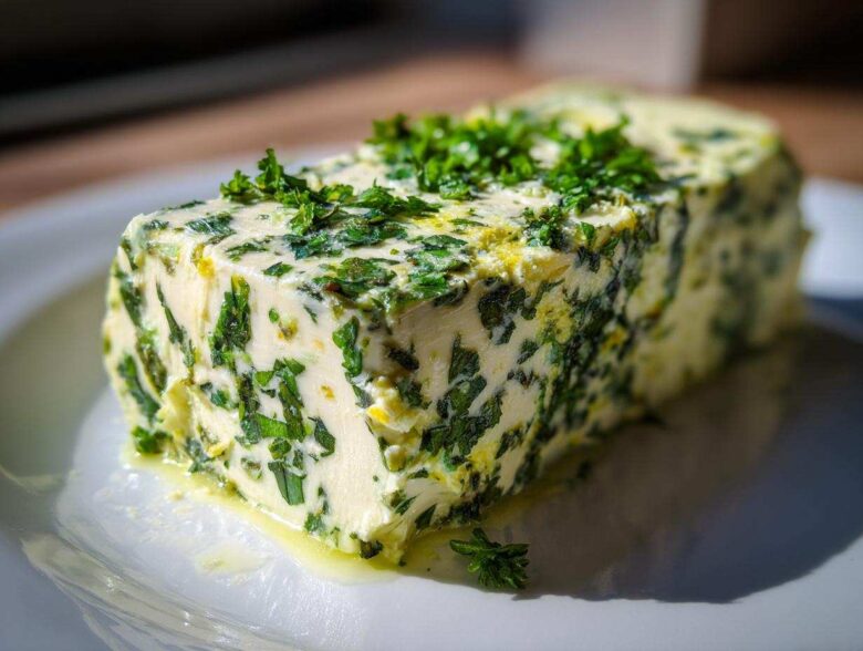 A freshly made log of homemade garlic butter mixed heavily with chopped green herbs, sitting on a white plate.