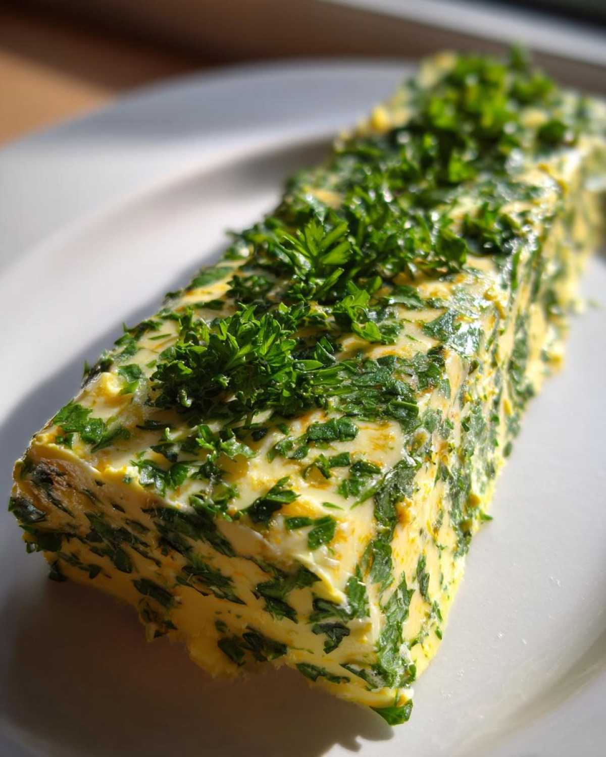 A log of homemade garlic butter mixed with chopped green herbs, likely parsley, resting on a white plate.