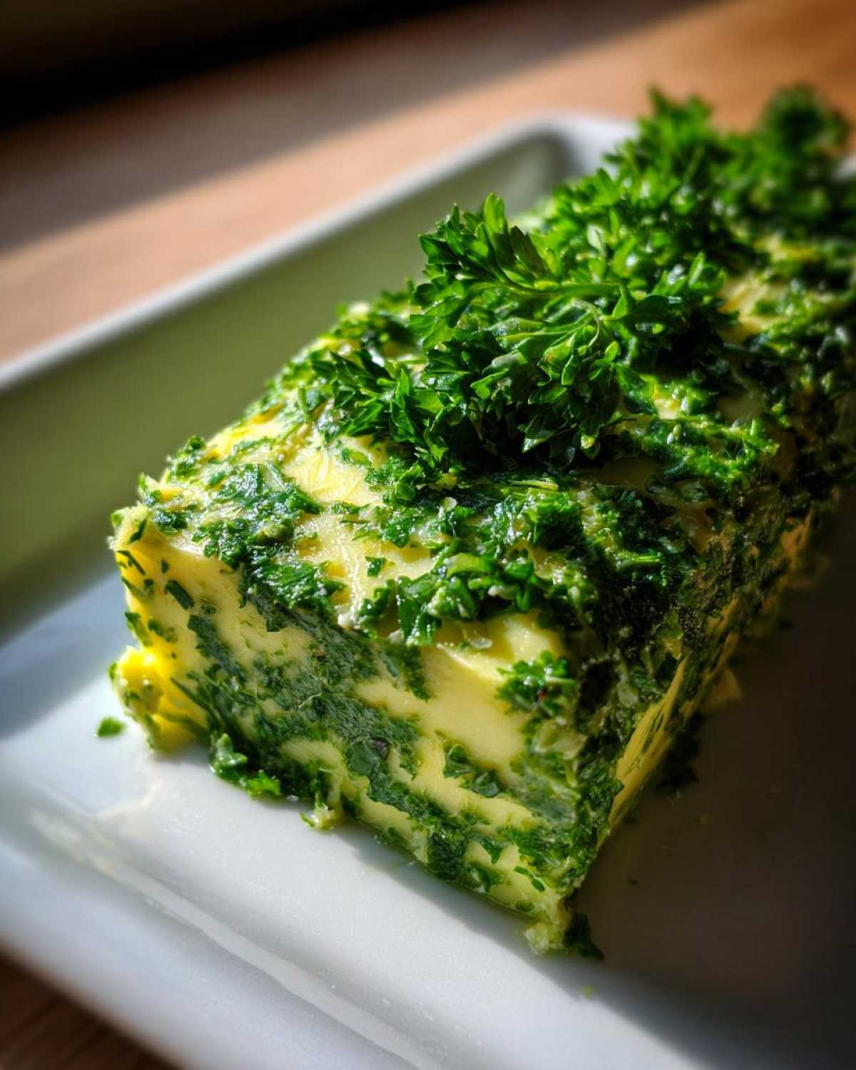A log of homemade garlic butter mixed with green herbs, topped generously with fresh parsley.