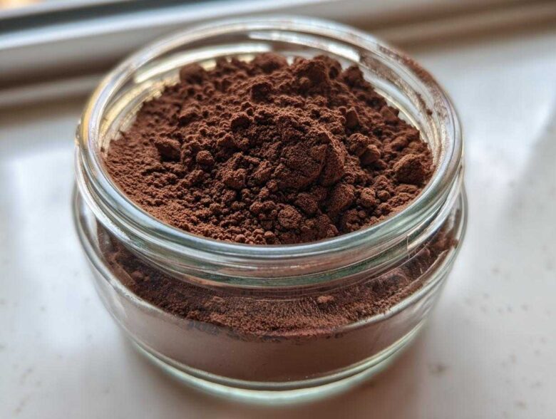 Close-up of rich, dark brown homemade hot cocoa mix filling a small, clear glass jar.