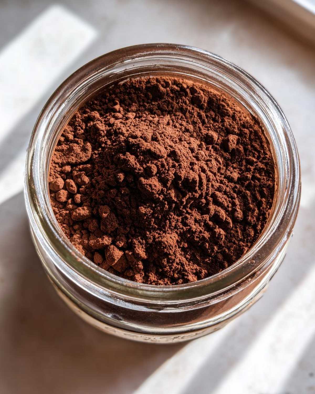Overhead close-up of rich brown homemade hot cocoa mix powder filling a small glass jar.