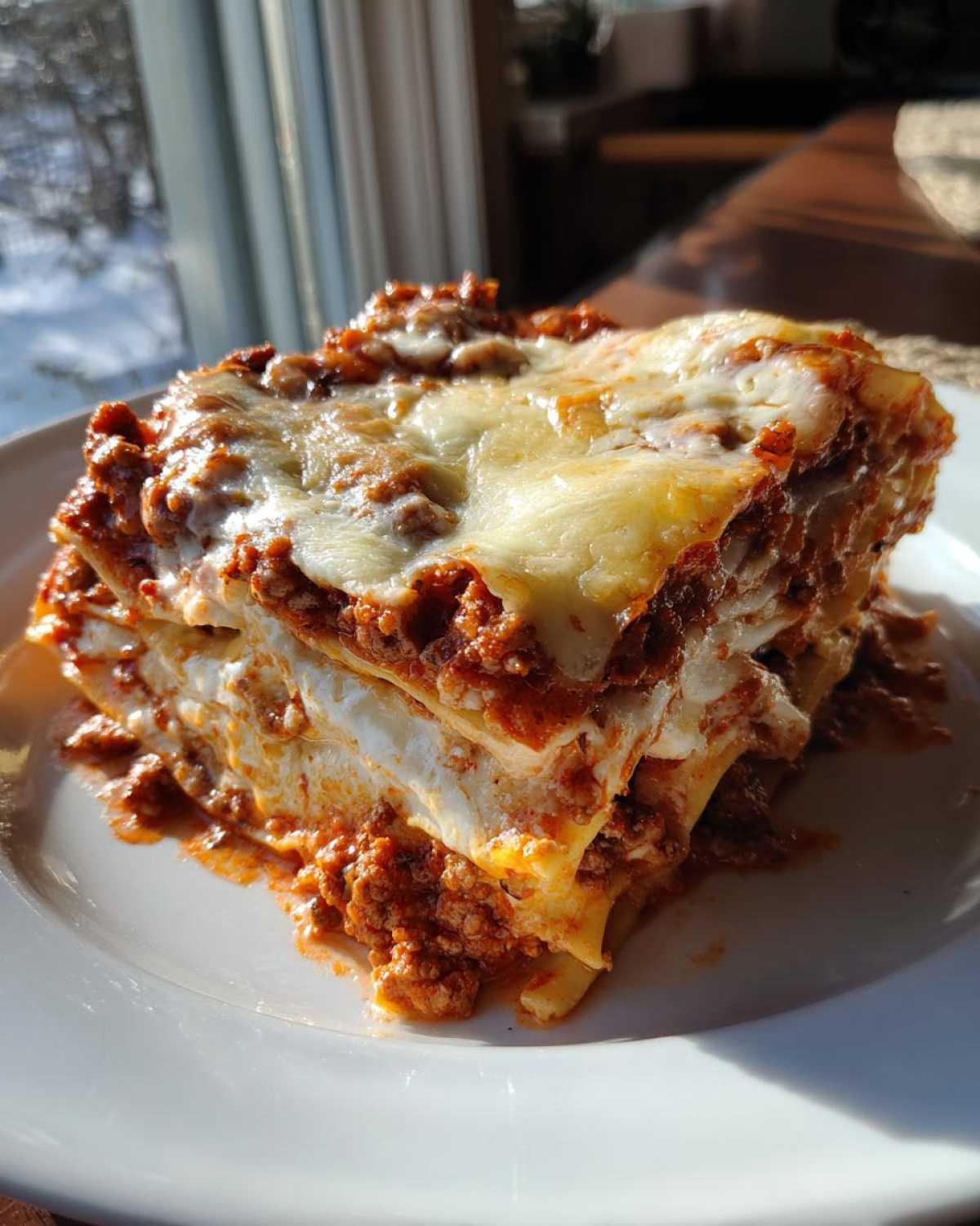 A thick, layered slice of homemade lasagna with rich meat sauce and bubbling melted cheese on a white plate.