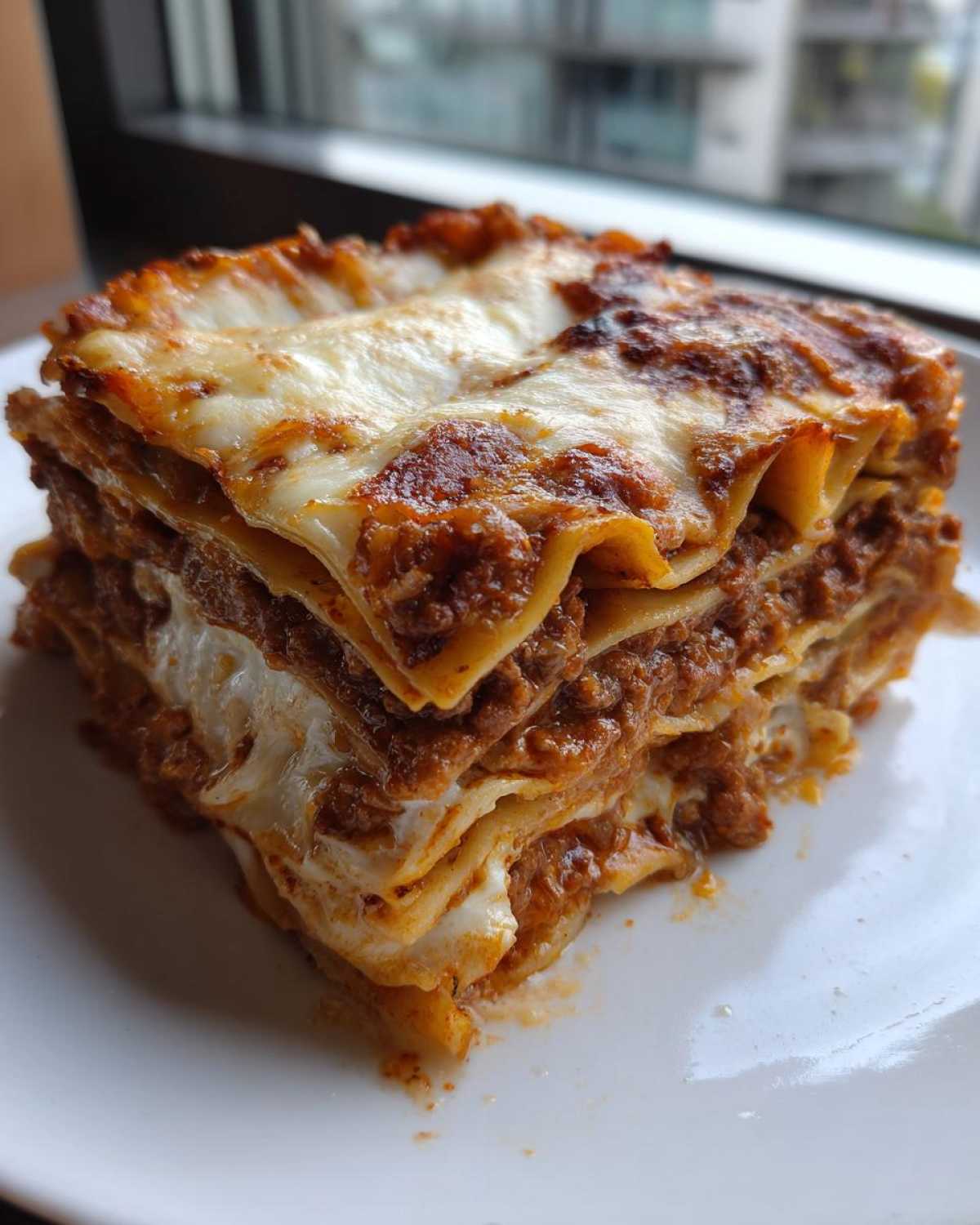 A tall, multi-layered slice of homemade lasagna featuring rich meat sauce and melted cheese.