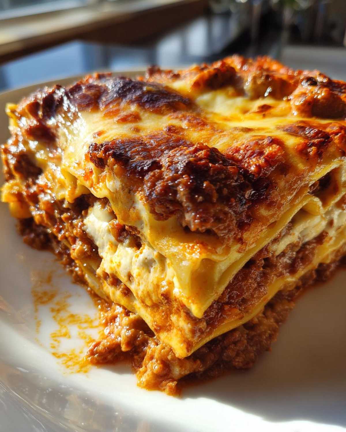Close-up of a thick, layered slice of homemade lasagna with rich meat sauce and bubbly, browned cheese topping.
