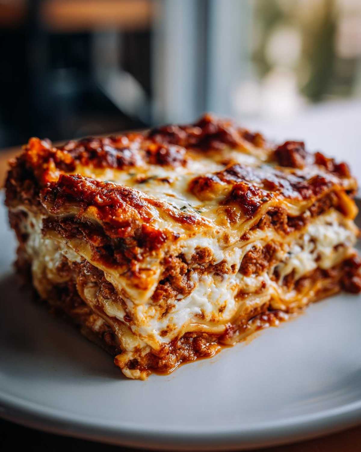 Close-up of a thick, layered slice of homemade lasagna showing rich meat sauce and melted cheese.
