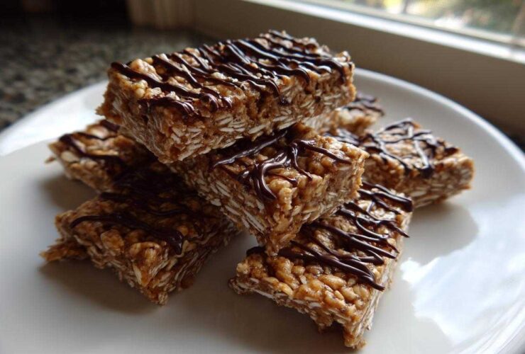 A stack of homemade, chewy protein bars made with oats and drizzled with dark chocolate, ready to eat.