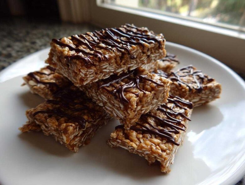 A stack of homemade, chewy protein bars made with oats and drizzled with dark chocolate, ready to eat.
