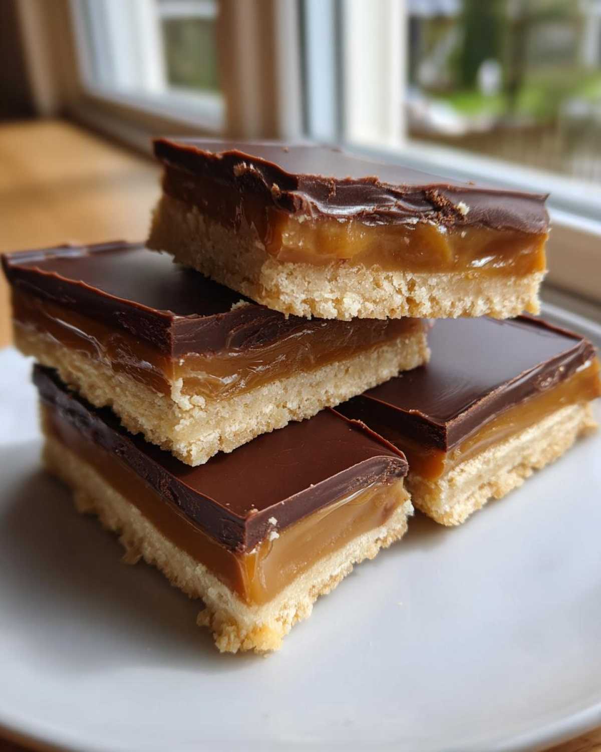 A stack of four homemade twix bars featuring a shortbread base, thick caramel layer, and chocolate topping.