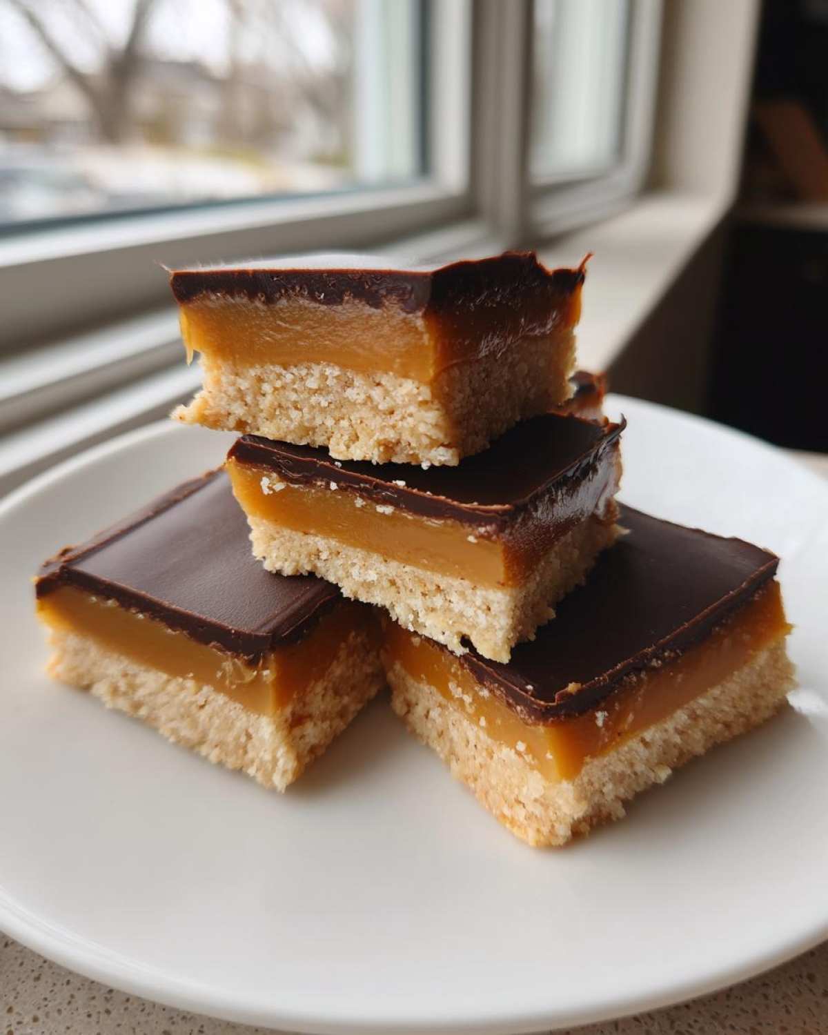 A stack of three homemade twix bar squares showing the shortbread base, thick caramel layer, and chocolate topping.