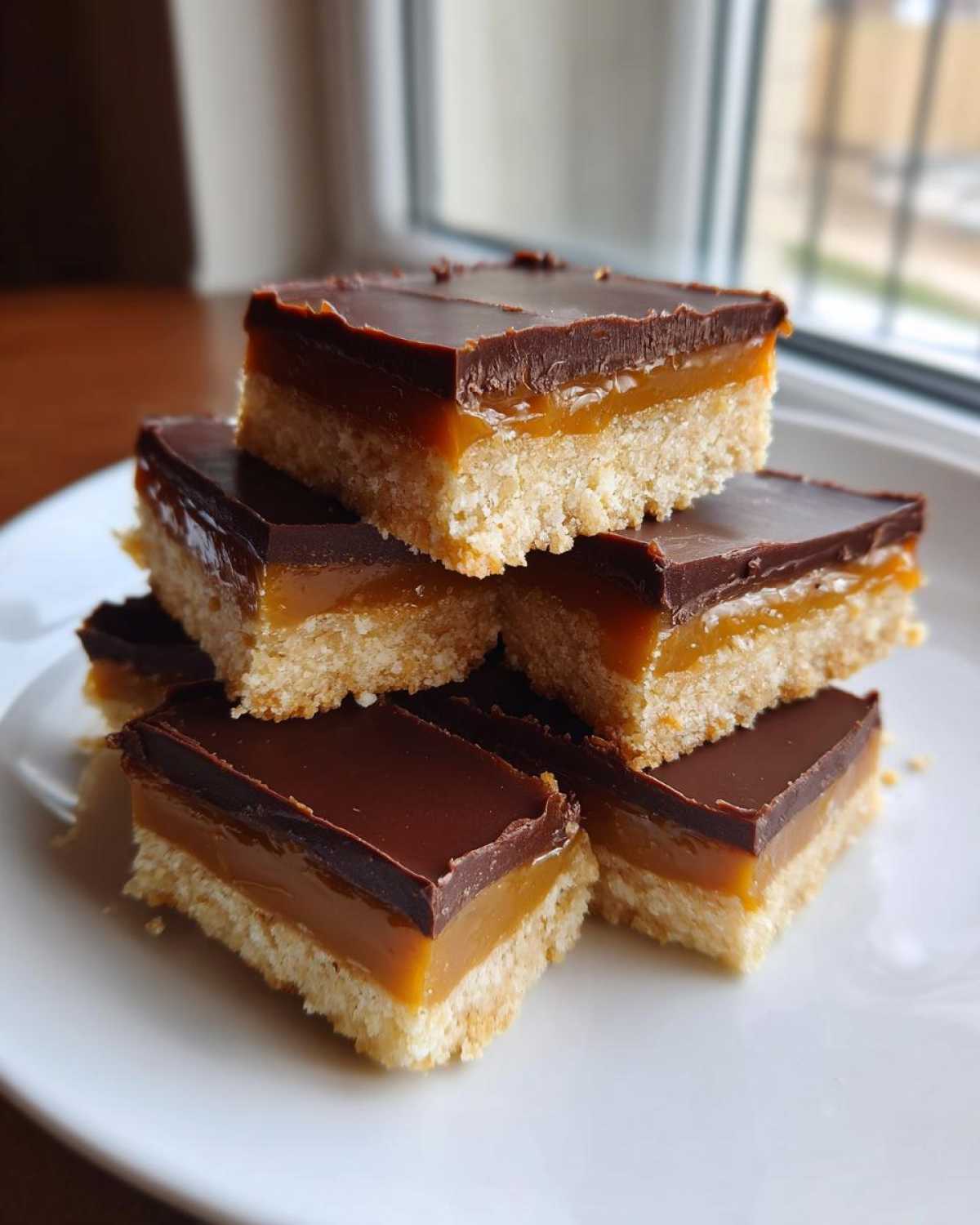 A stack of homemade twix bar squares featuring a shortbread base, thick caramel layer, and chocolate topping.