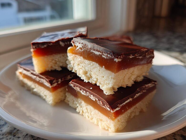 A stack of homemade twix bar squares featuring a shortbread base, caramel layer, and chocolate topping, sitting on a white plate.