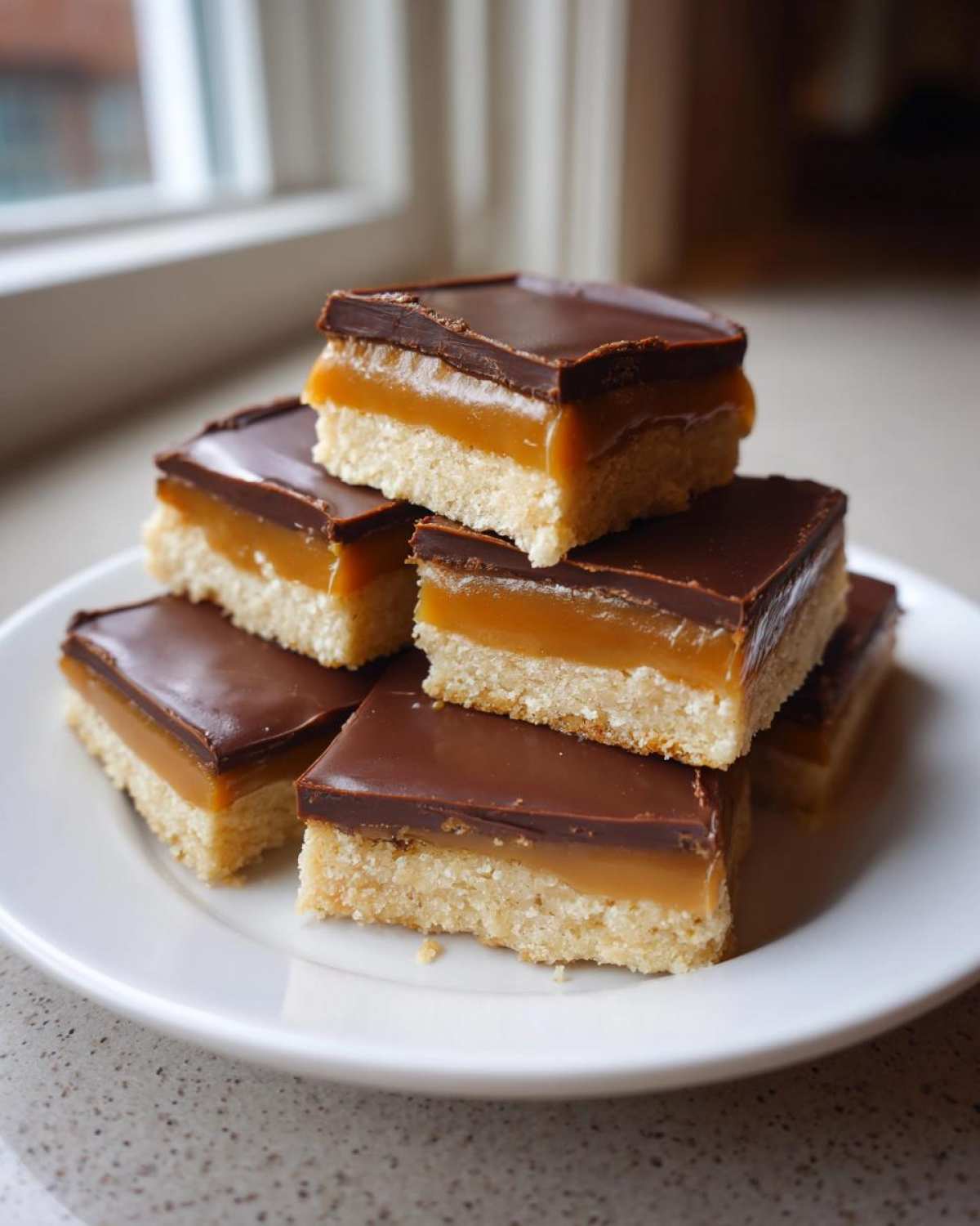 A stack of homemade twix bars featuring a shortbread base, thick caramel layer, and chocolate topping.