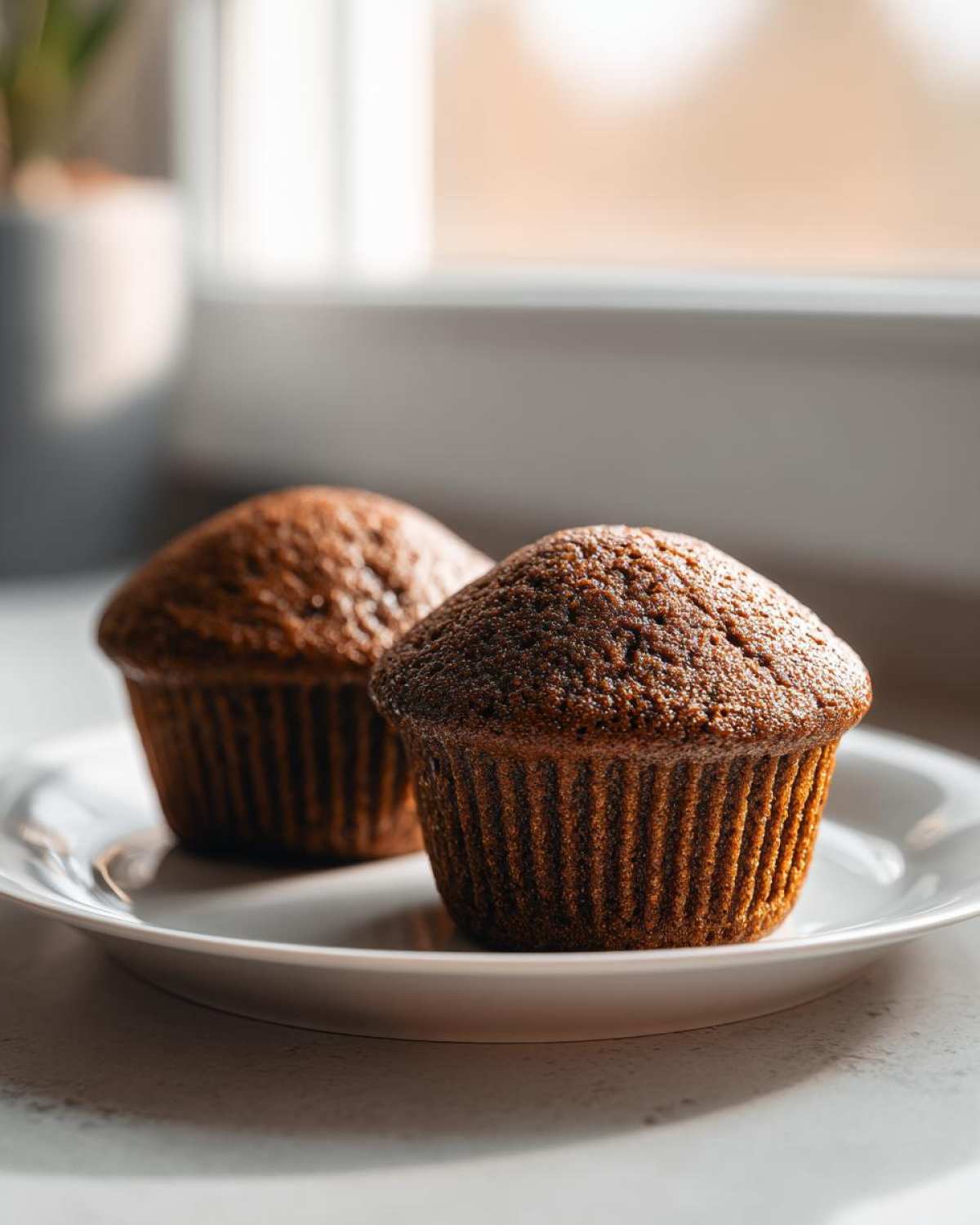 Close-up of two dark, dome-topped honey bran muffins sitting on a white plate near a window.
