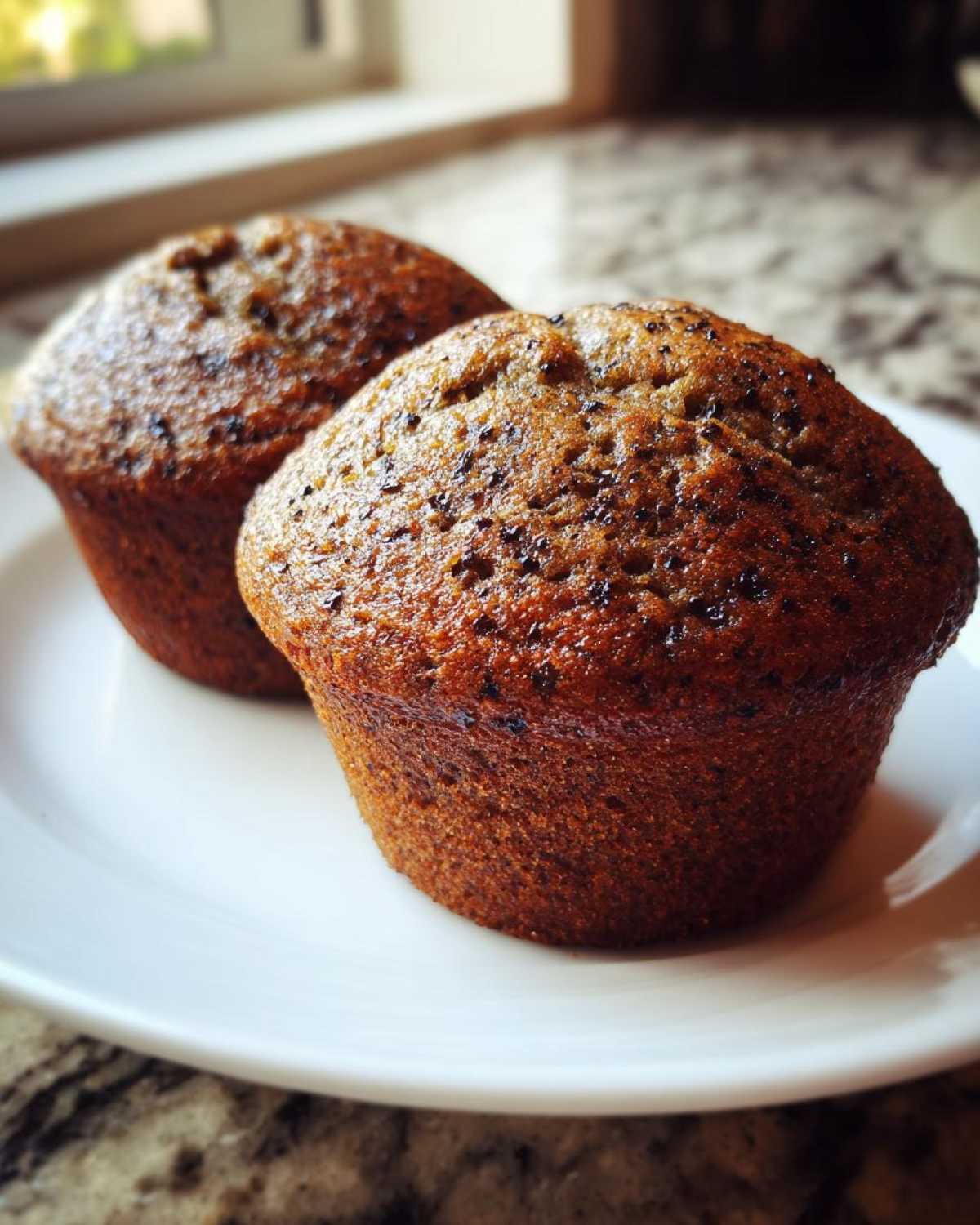 Close-up of two perfectly baked, dark brown honey bran muffins sitting on a white plate.