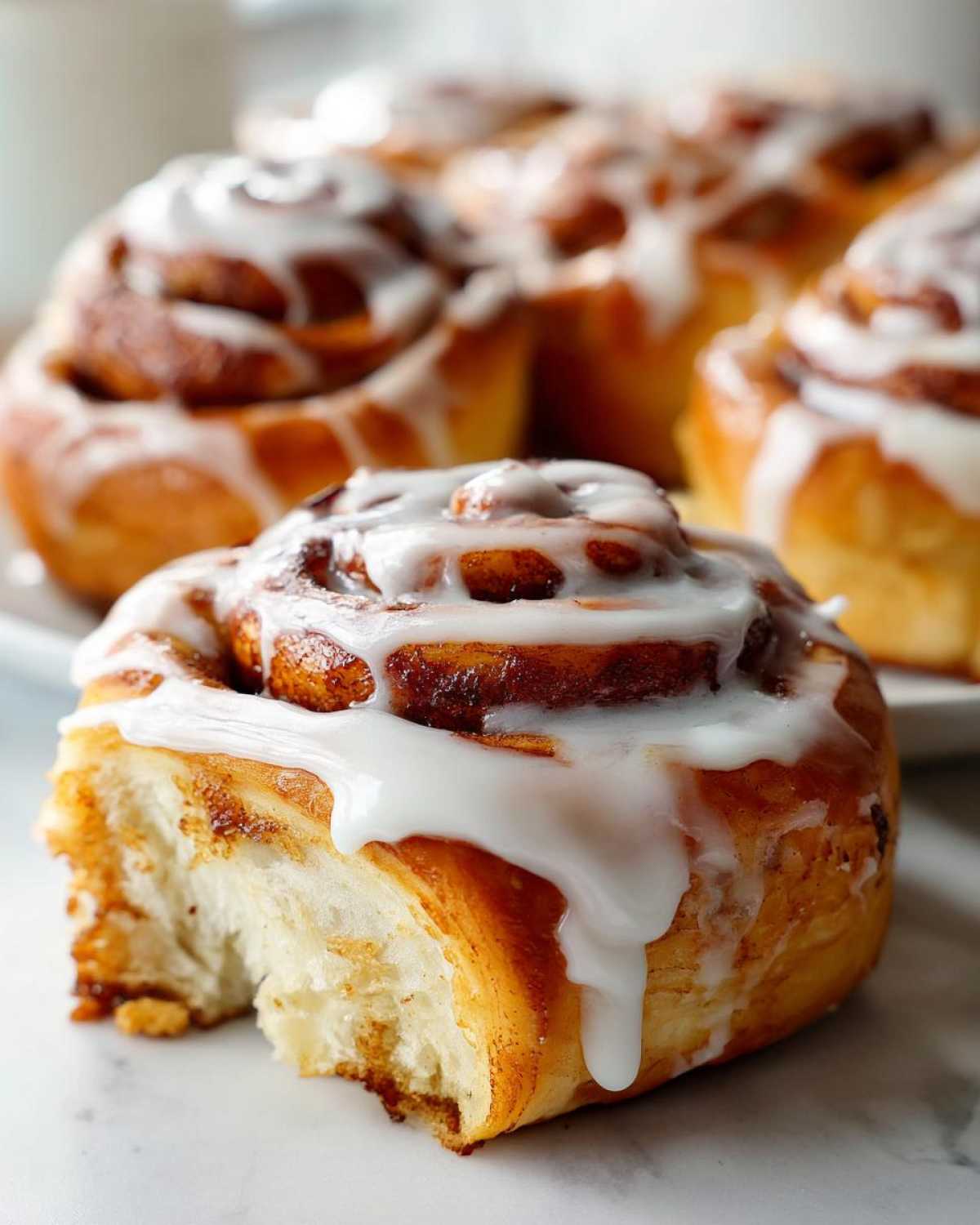 Close-up of a fluffy, glazed cinnamon roll with a bite taken out, showing the soft interior and dripping icing.