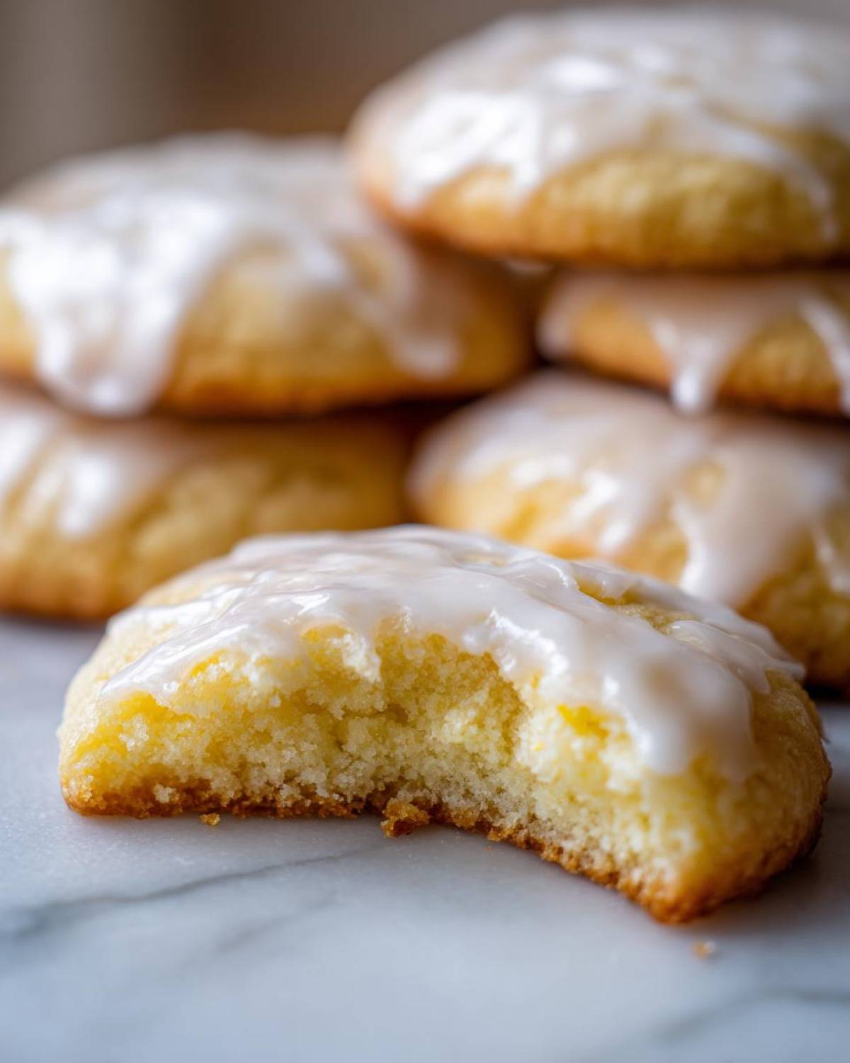 Close-up of a soft, yellow ricotta cookie with a bite taken out, showing the crumb texture and white glaze.