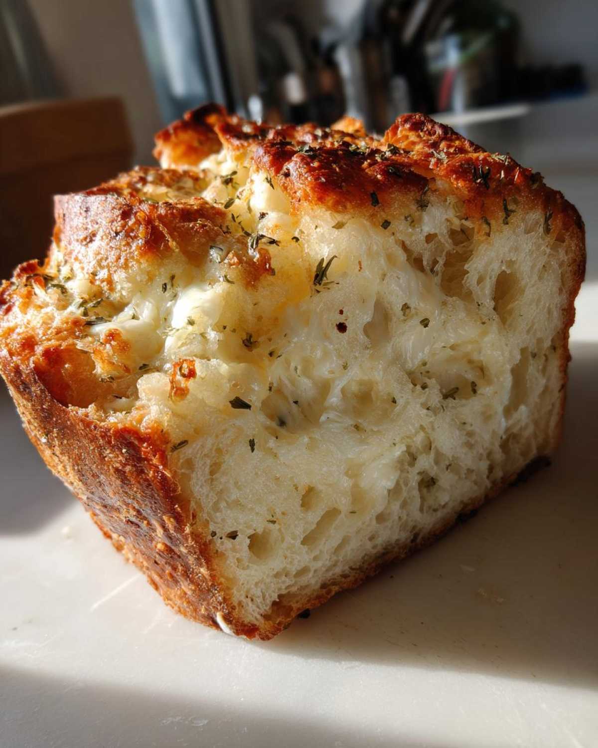 Close-up of a slice of Italian herb and cheese bread showing the soft interior and cheesy filling.