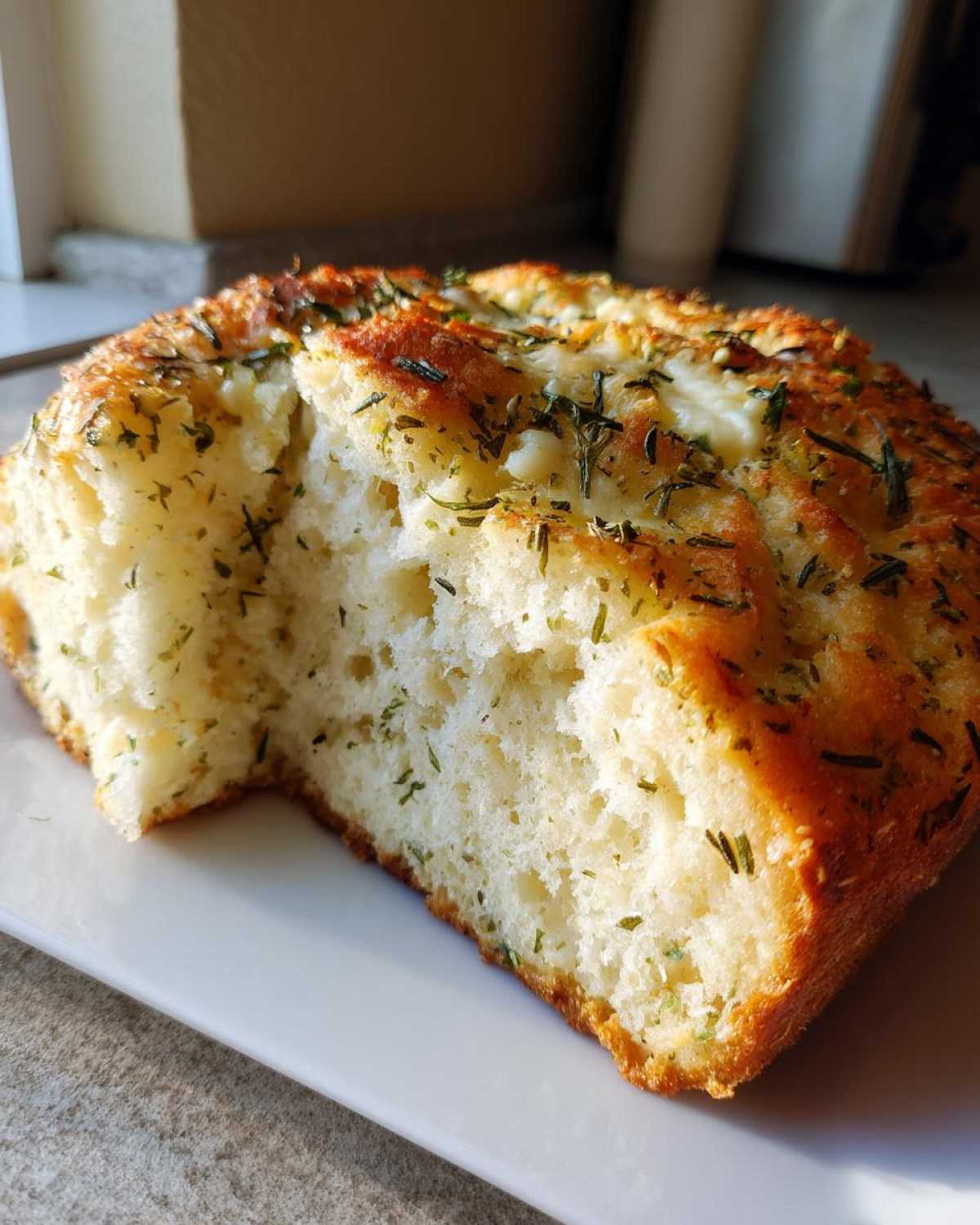 Close-up of fluffy Italian herb and cheese bread showing the airy crumb and cheesy, herbed crust.