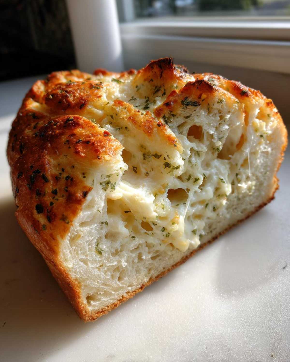 Close-up of a slice of Italian herb and cheese bread showing melted, stringy cheese inside and a golden crust.