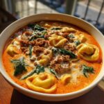 Close-up of a bowl of rich, creamy italian sausage tortellini soup with spinach and visible chunks of browned sausage.