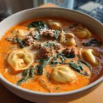 Close-up of a creamy, orange-hued italian sausage tortellini soup with spinach and grated cheese.