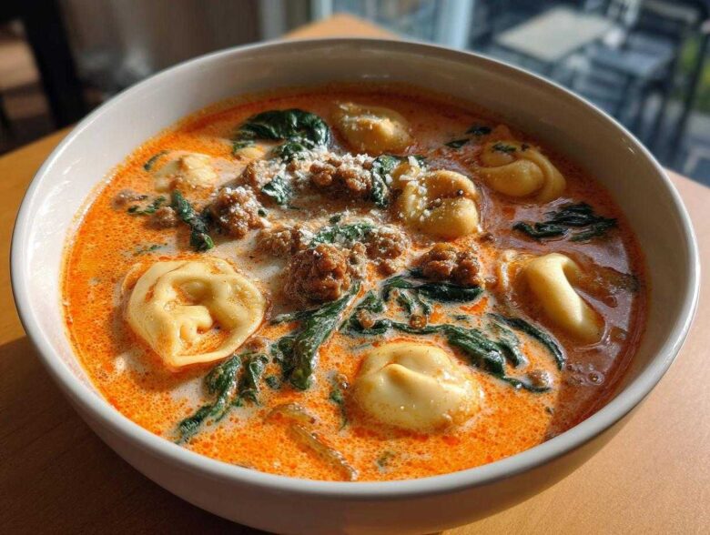 Close-up of a creamy, orange-hued italian sausage tortellini soup with spinach and grated cheese.