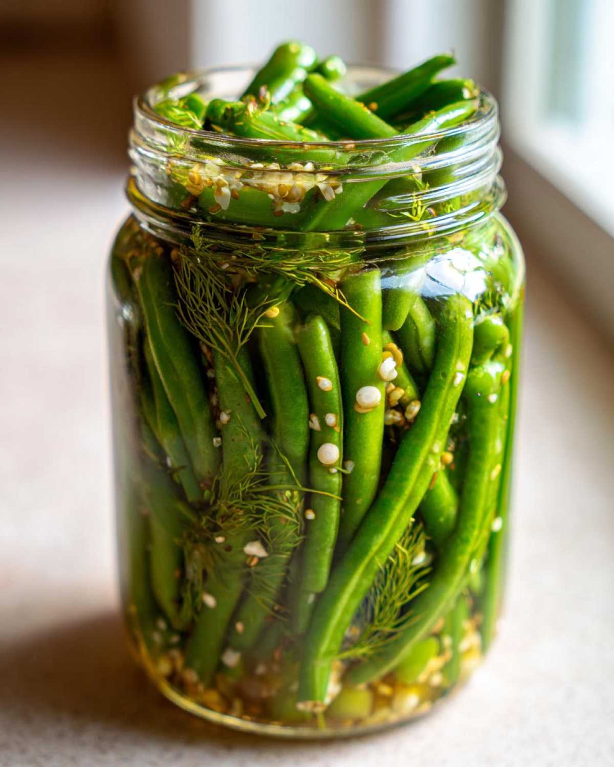 Close-up of a glass jar filled with bright green dilly beans, dill fronds, and pickling spices.