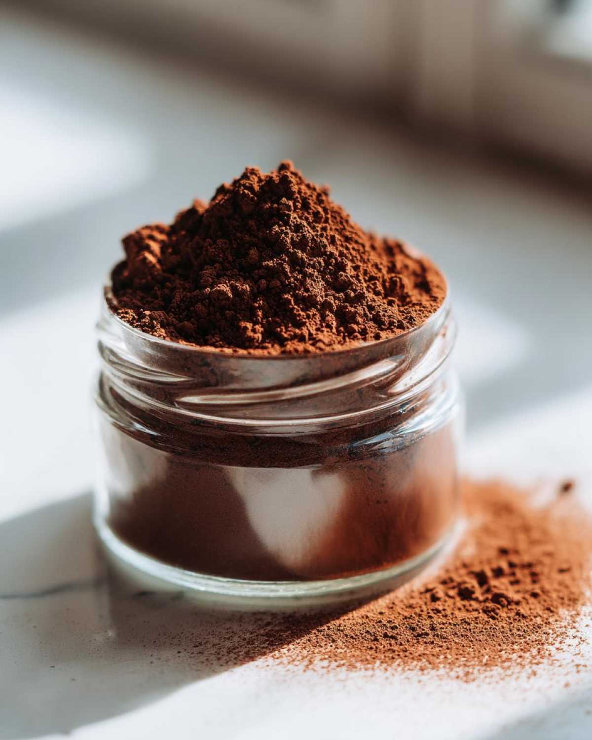 Close-up of a small glass jar overflowing with rich, dark brown homemade hot cocoa mix powder.