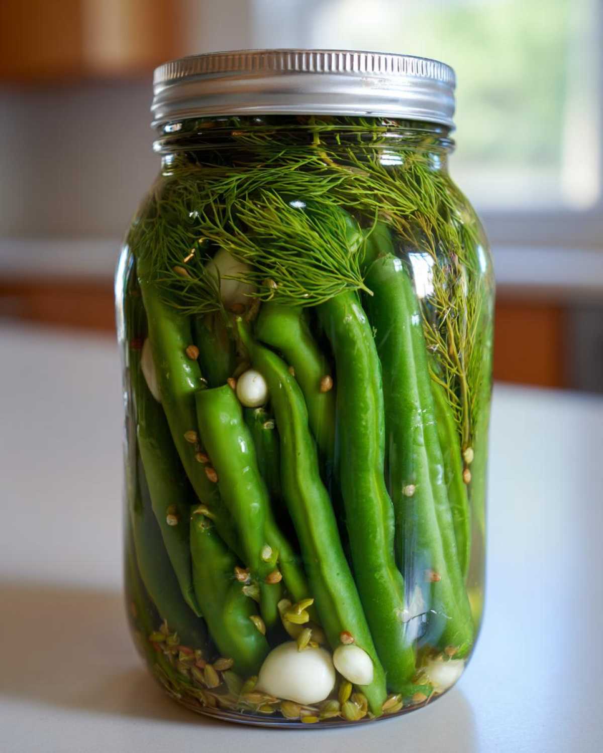 A glass jar tightly packed with fresh green beans, dill fronds, garlic cloves, and spices for making dilly beans.