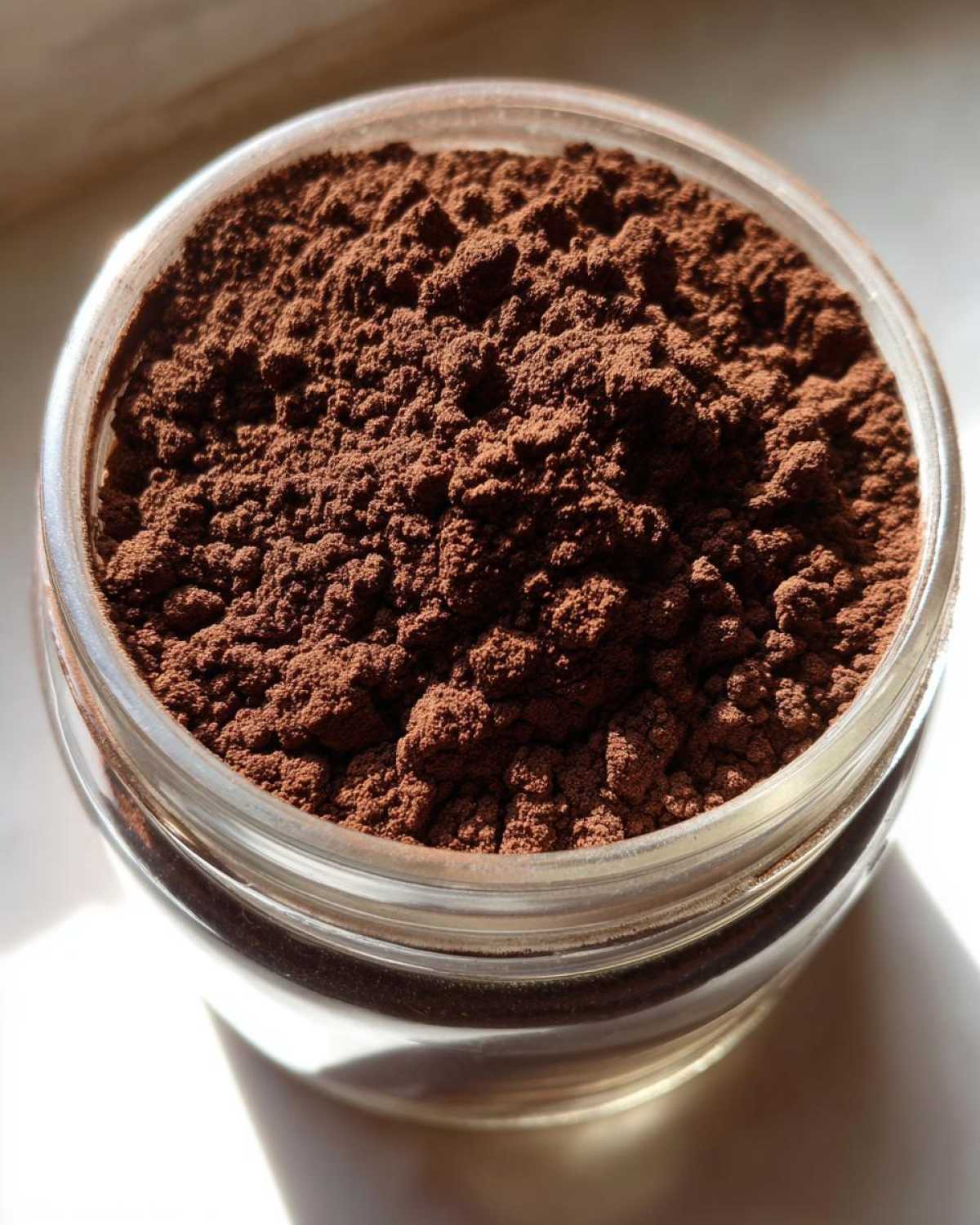 Close-up overhead view of rich brown homemade hot cocoa mix powder filling a small glass jar.