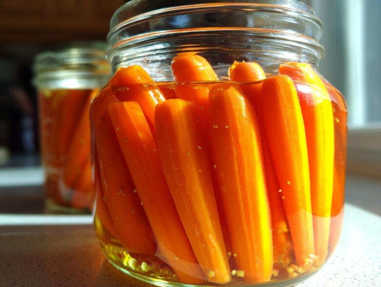 Close-up of whole baby carrots tightly packed in a glass jar for pickled carrots, submerged in brine.
