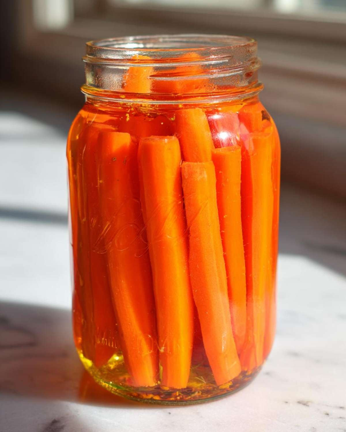 A glass mason jar filled with bright orange, whole pickled carrots standing upright in a clear, yellowish pickling liquid.